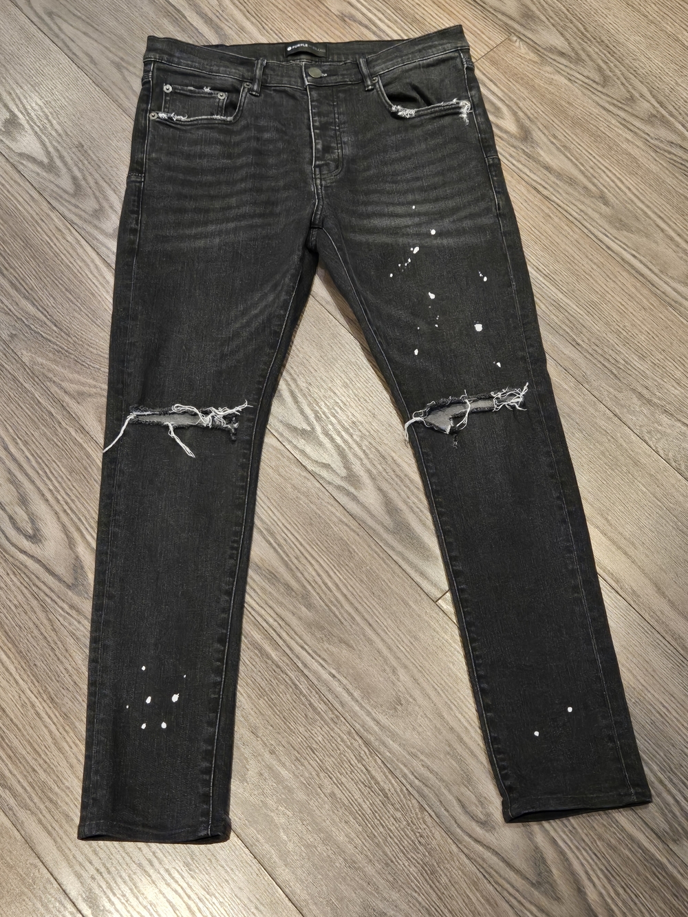 Men's Purple Brand Black Ripped Skinny Jeans with Paint-Splatter Detail